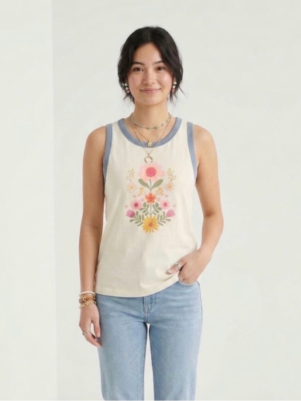Natural Life Folk Floral Graphic Contrast Ringer Tank Top